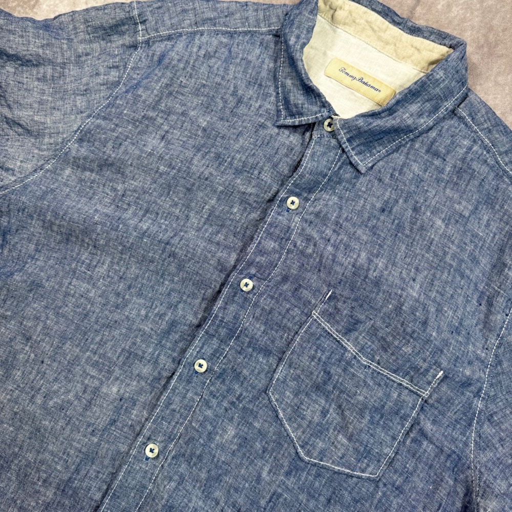 Tommy Bahama‎ Mens XL Blue 100% Linen Short Sleeve Button Down Shirt Marlin Logo